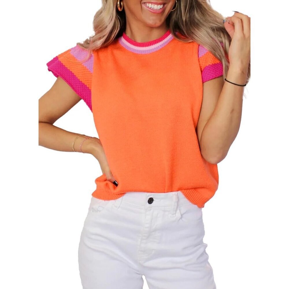 Womens Summer Cap Sleeve Lightweight Knit Pullover Top Crewneck Loose Fit